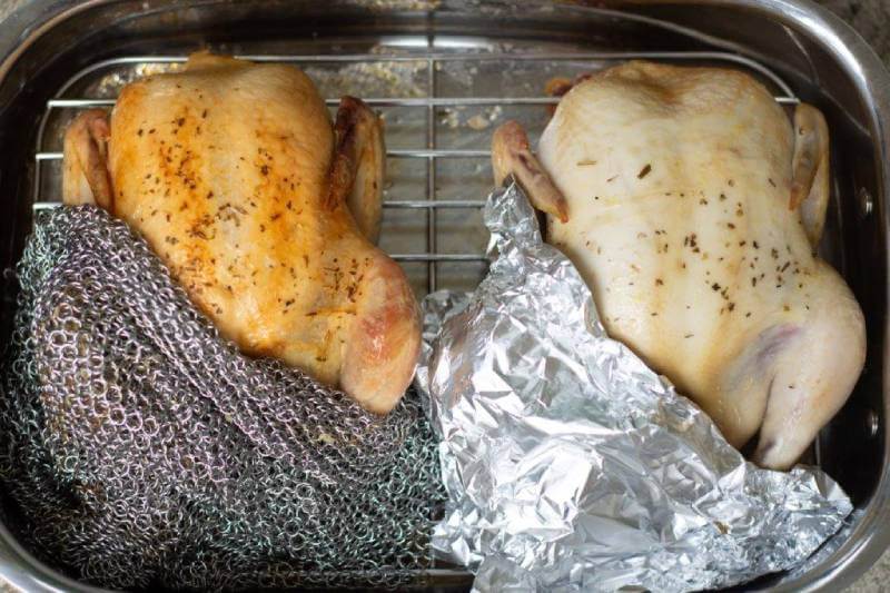 Two roast chickens side by side. One crispy and brown cooked with a Roasteasy, the other pale cooked in tinfoil